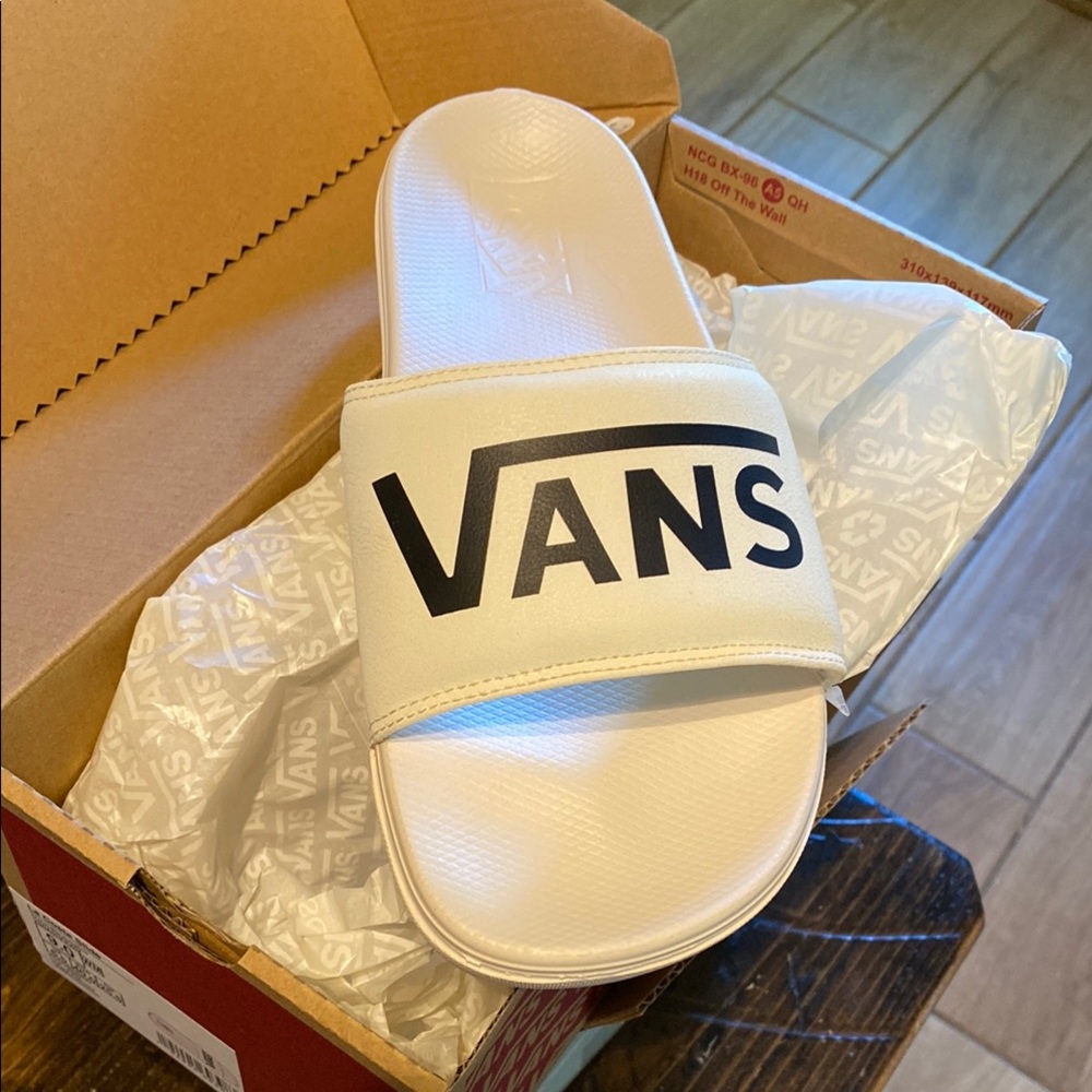 Vans White Slides with Black Logo
